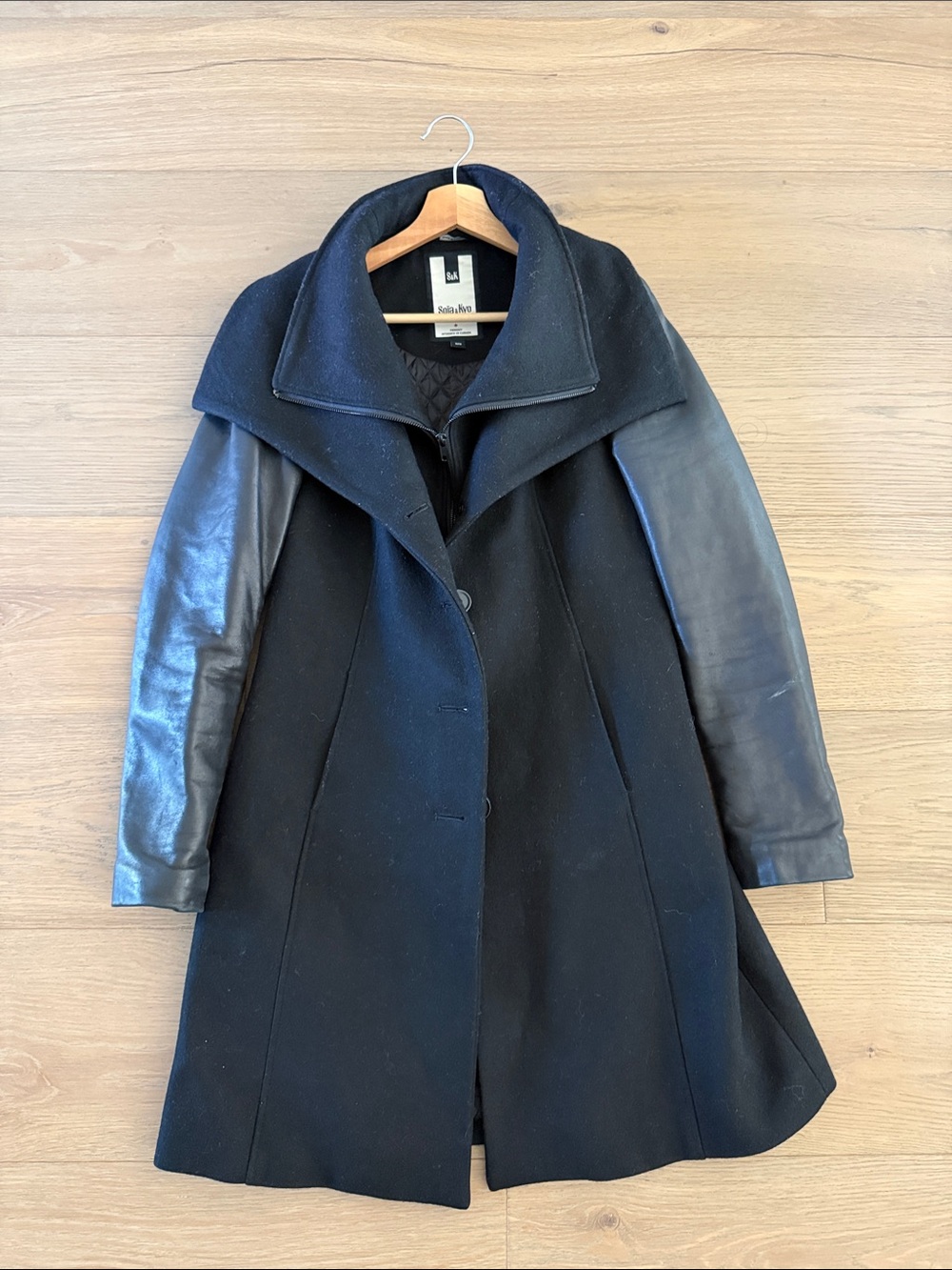 Soia & Kyo Black Wool-Blend Trench Coat with Leather Sleeves
